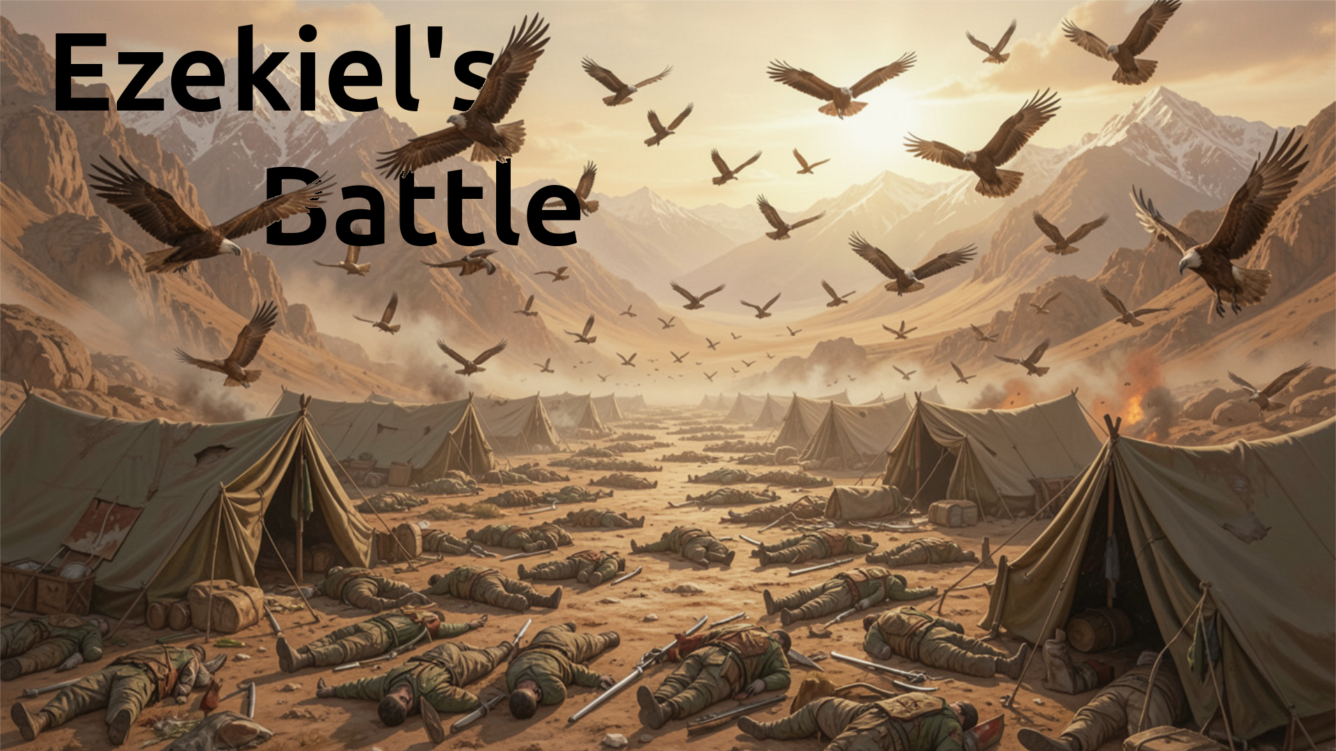 An illustration of tents with dead soldiers lying everywhere.