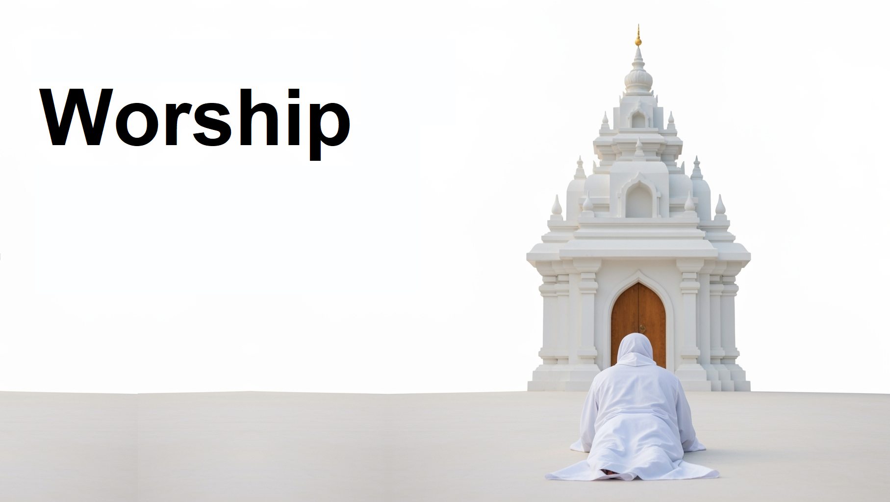 An illustration of a man lying prostrate before a temple.