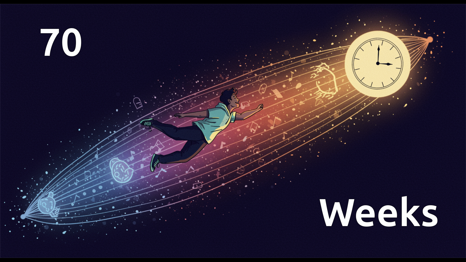 An illustration of a person in space travelling through time.