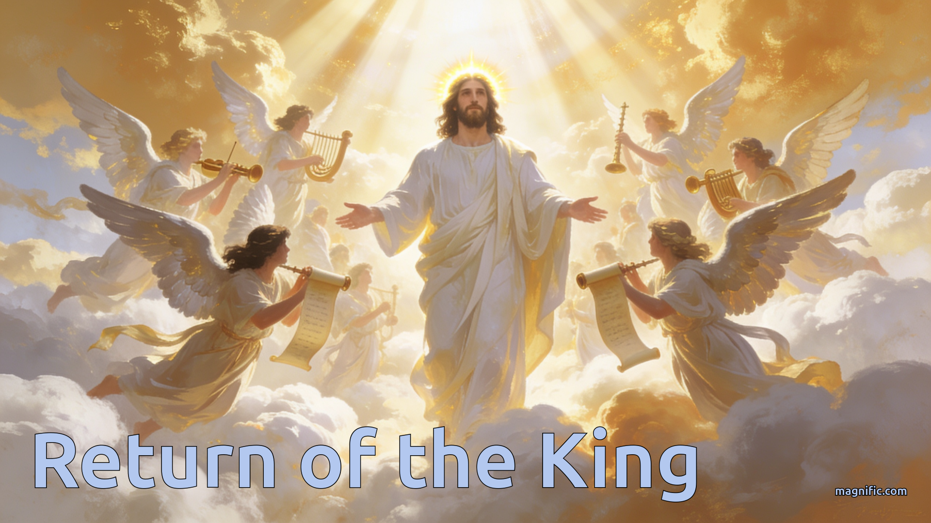 An illustration of 144,000 people dressed in white standing in front of the throne of God.