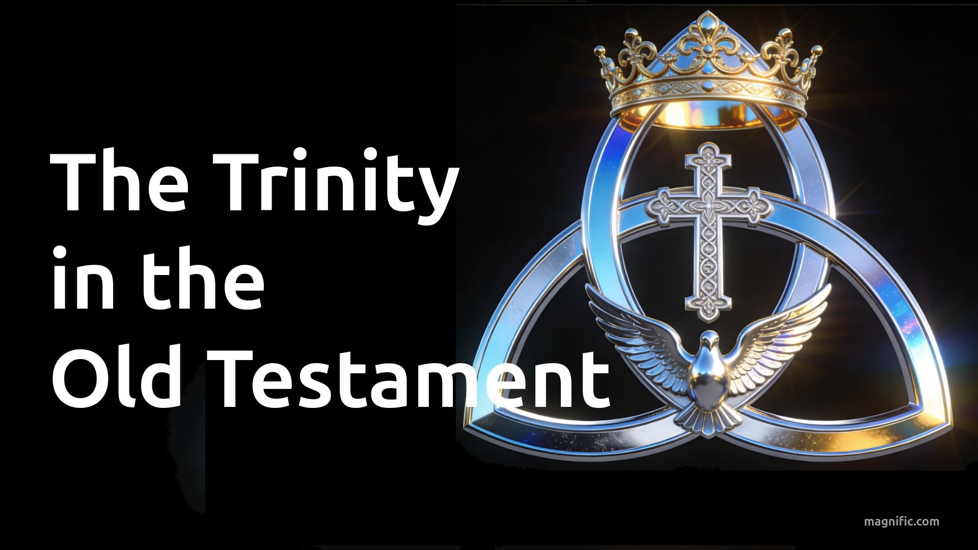 An illustration of the triquetra with a crown on the top, a cross at the middle, and dove with wings spread, at the bottom.