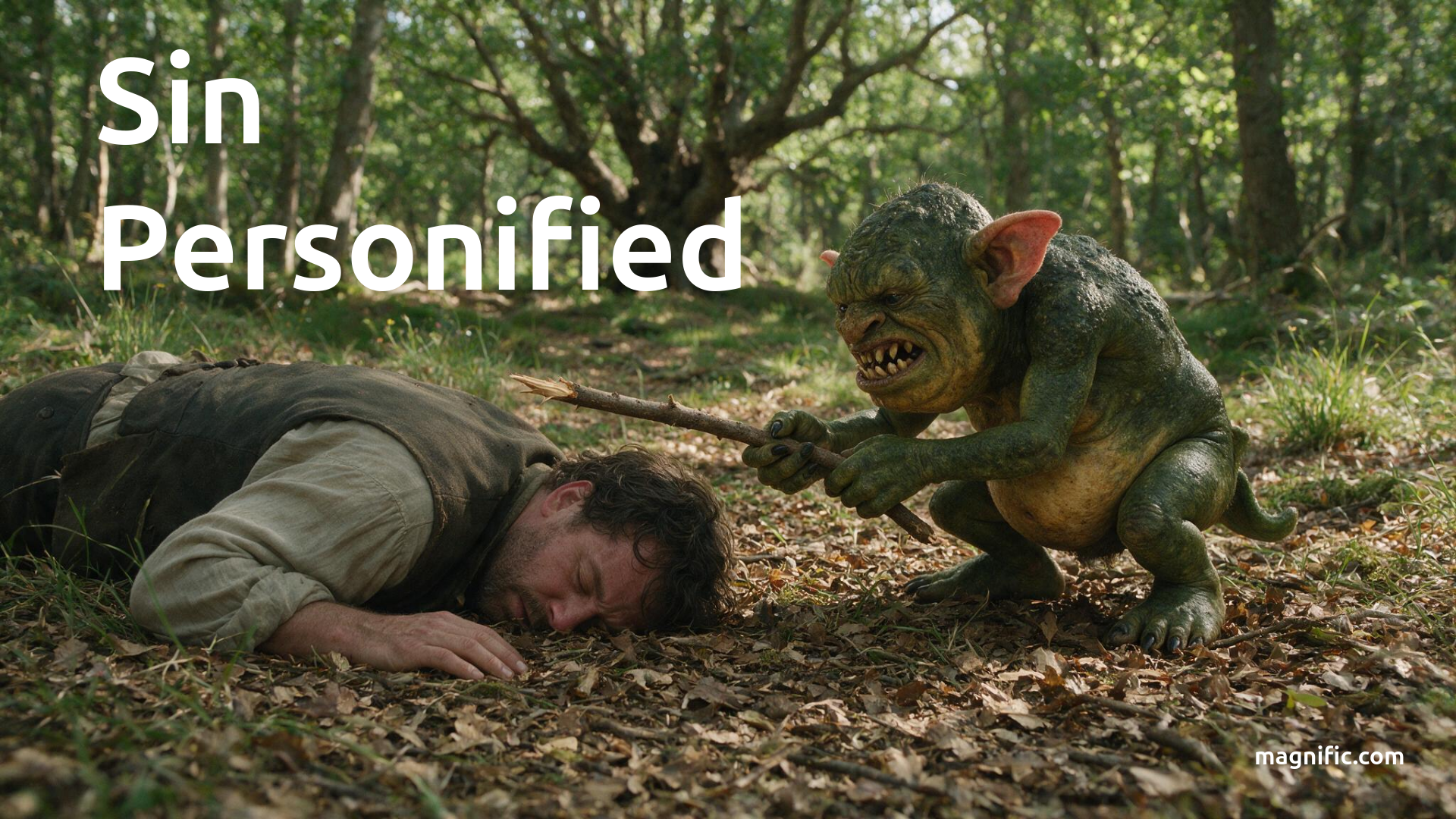 A man is laying face down on the ground while a hideous monster is crouched beside him, poking him with a stick to see if he is alive.