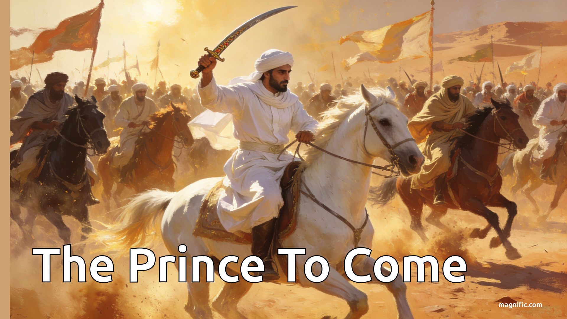 Muslim on horses, charging into battle, and led by a man dressed in white and riding a white horse.