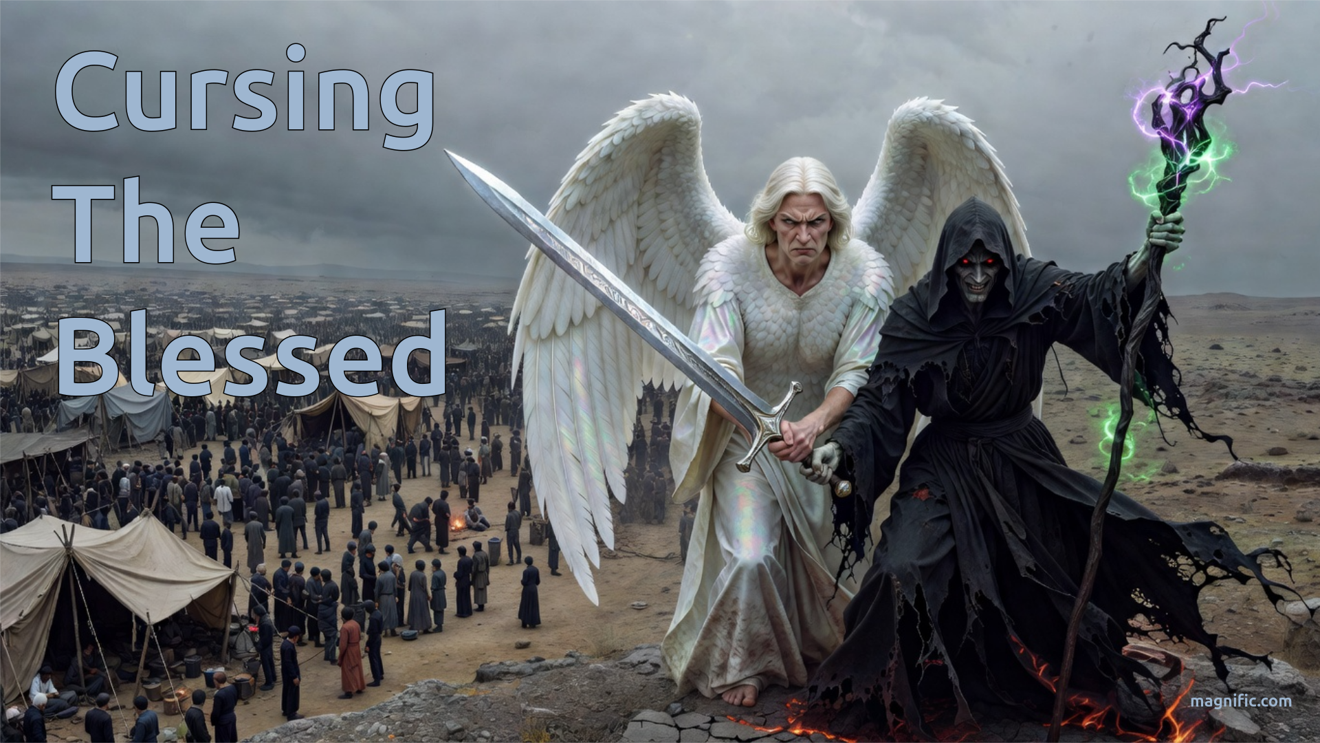 An illustration of an encampment where a fierce angel is keeping an evil wizard from cursing them.