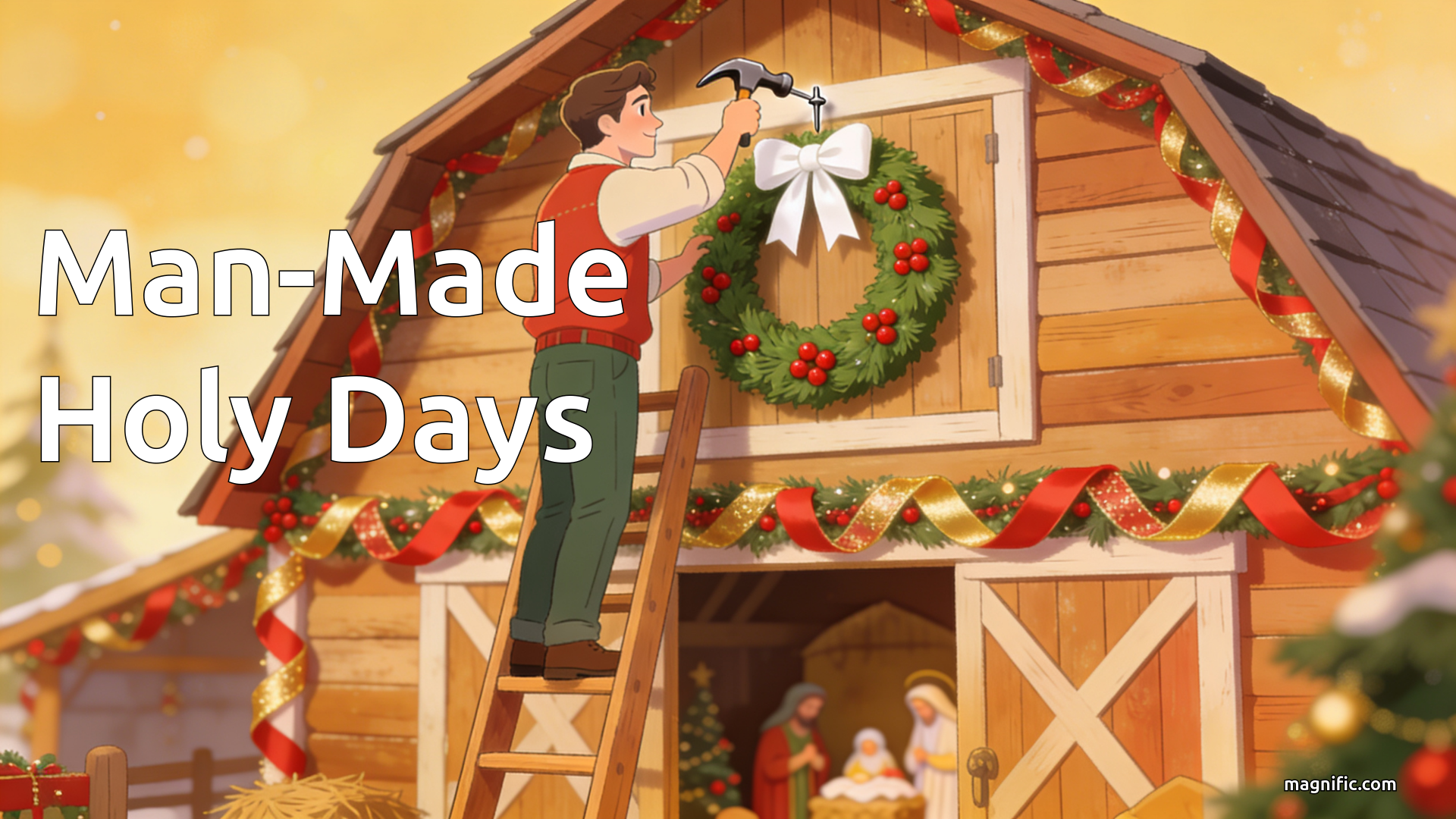 An illustration of a man hammering a nail into the barn of a nativity display.