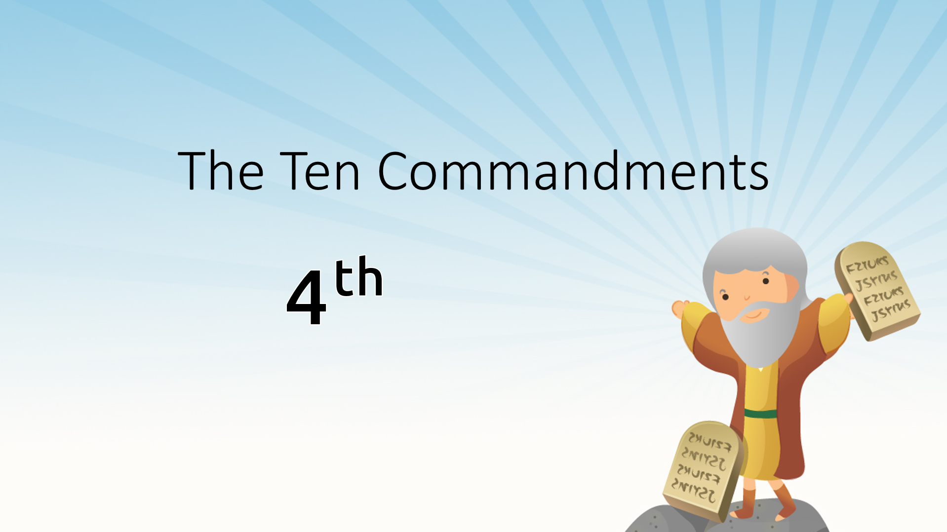 A cartoonish illustration of Moses holding the Ten Commandments while standing on a rock.