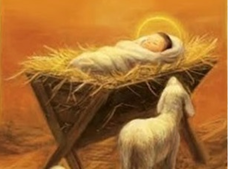 An illustration of a straw-filled manger, with a baby in it.