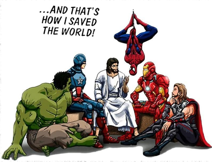 An illustration of a man in a white gown, who is supposed to be Jesus, is encircled by comic book super heroes, who are
 listening to him speak. The caption '... and that's how I saved the world!' is above them.