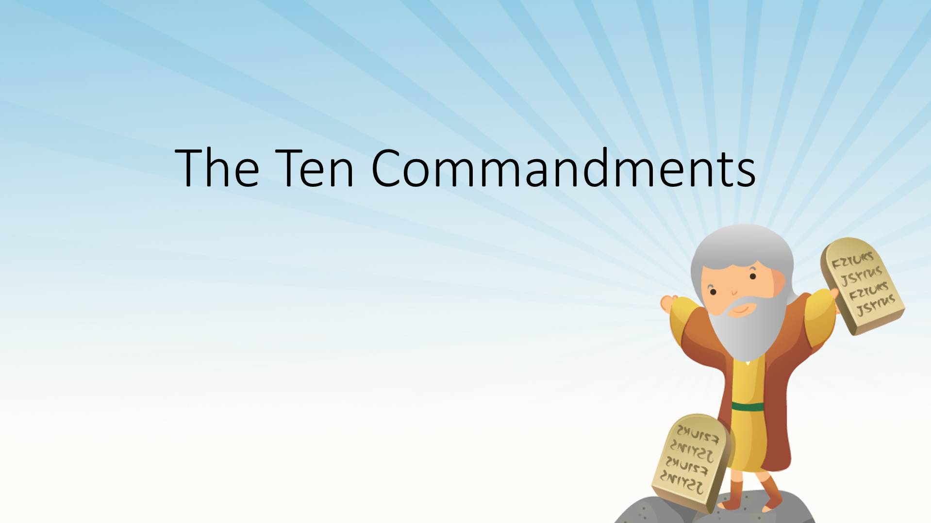 A cartoon character of Moses stands on a mountain holding two tablets