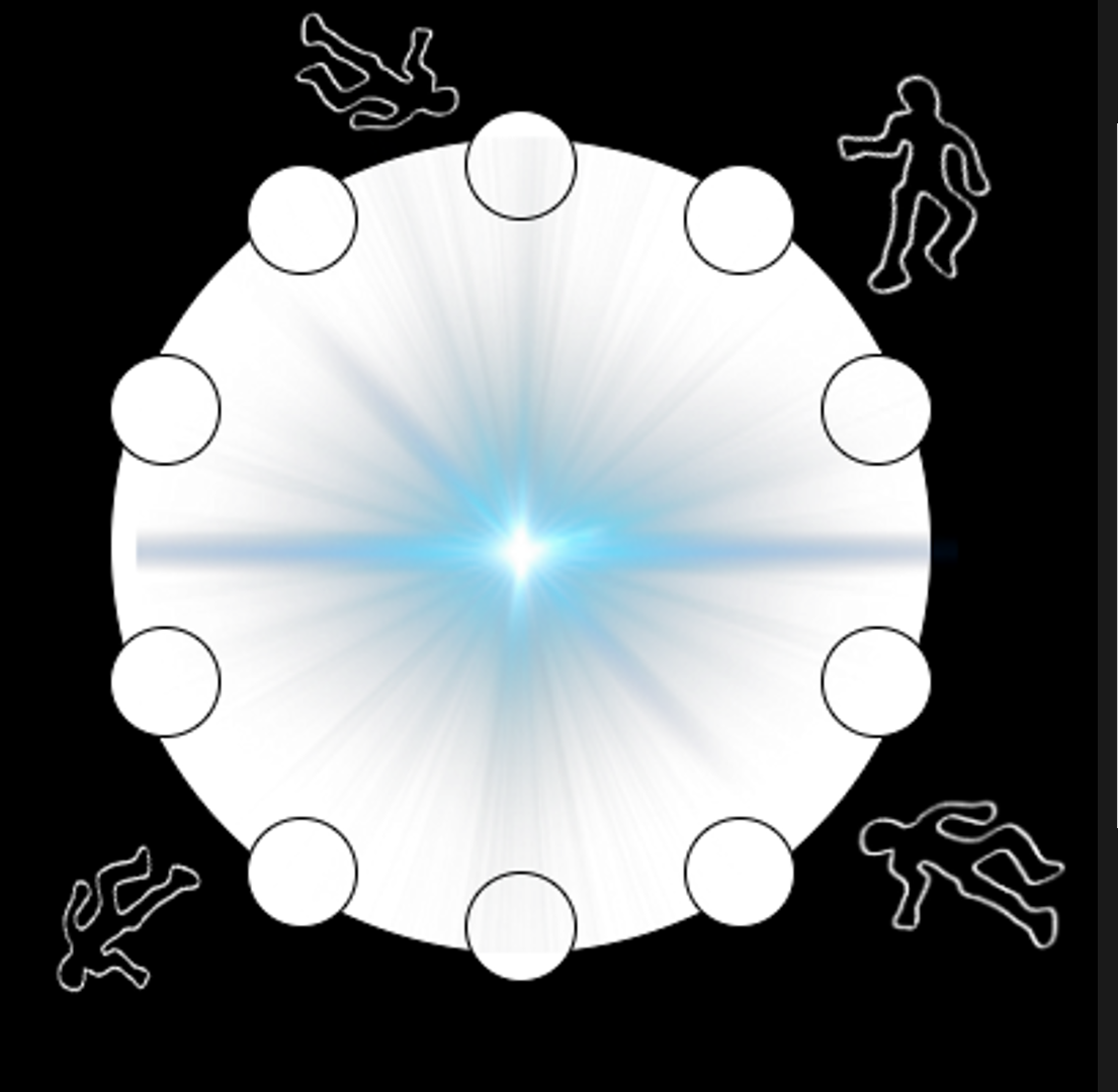 The same top view illustration of 10 posts but in the center of the circle there is a beautiful bluish light.