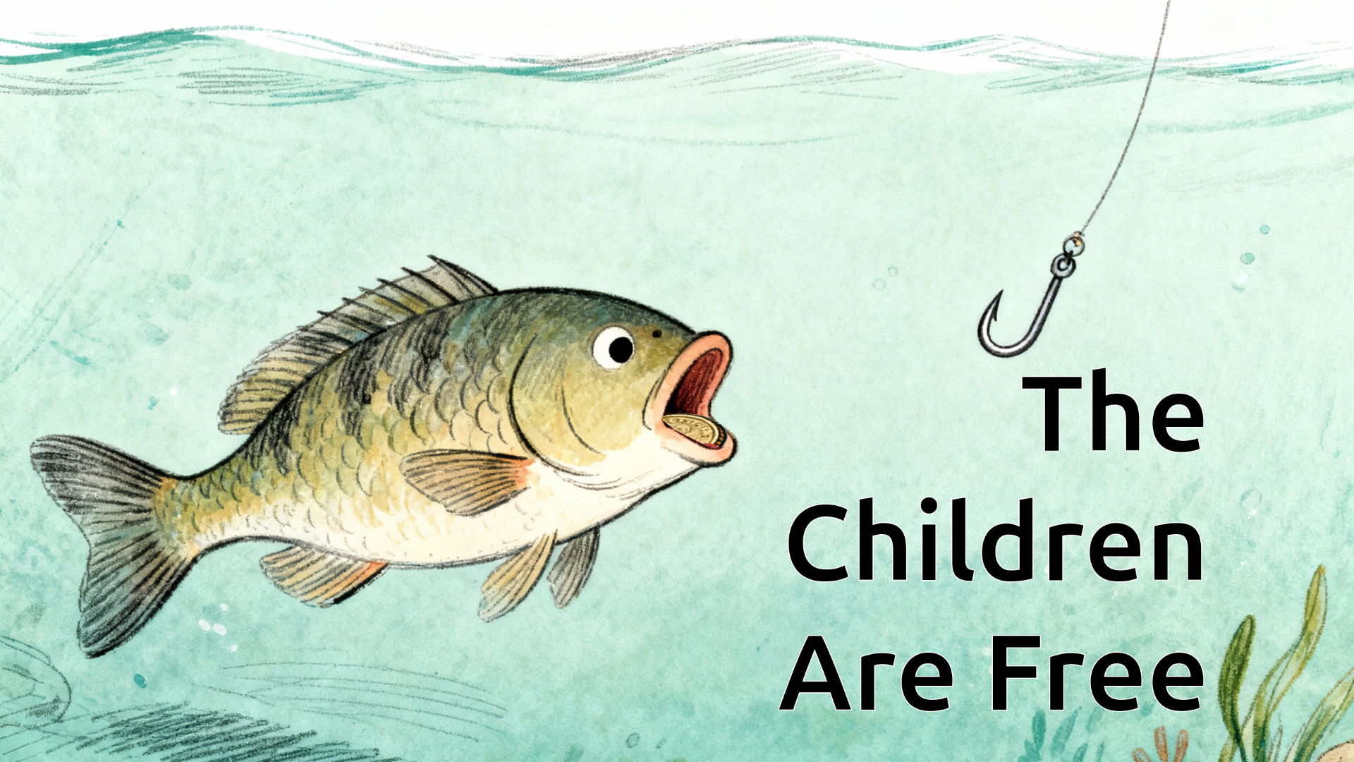 A illustration of a fish with a coin in it's mouth.