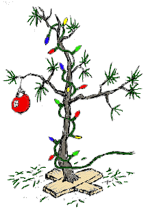 An illustration of a tiny scraggly tree with one ornament reminiscent of the Charlie Brown Christams Tree