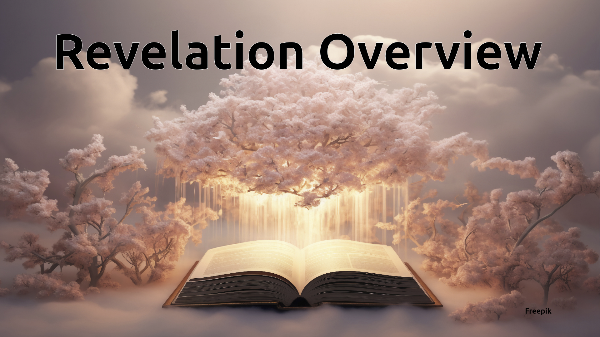 An illustration of a Bible with fancy frills above and beside it, all lit by a light from above.