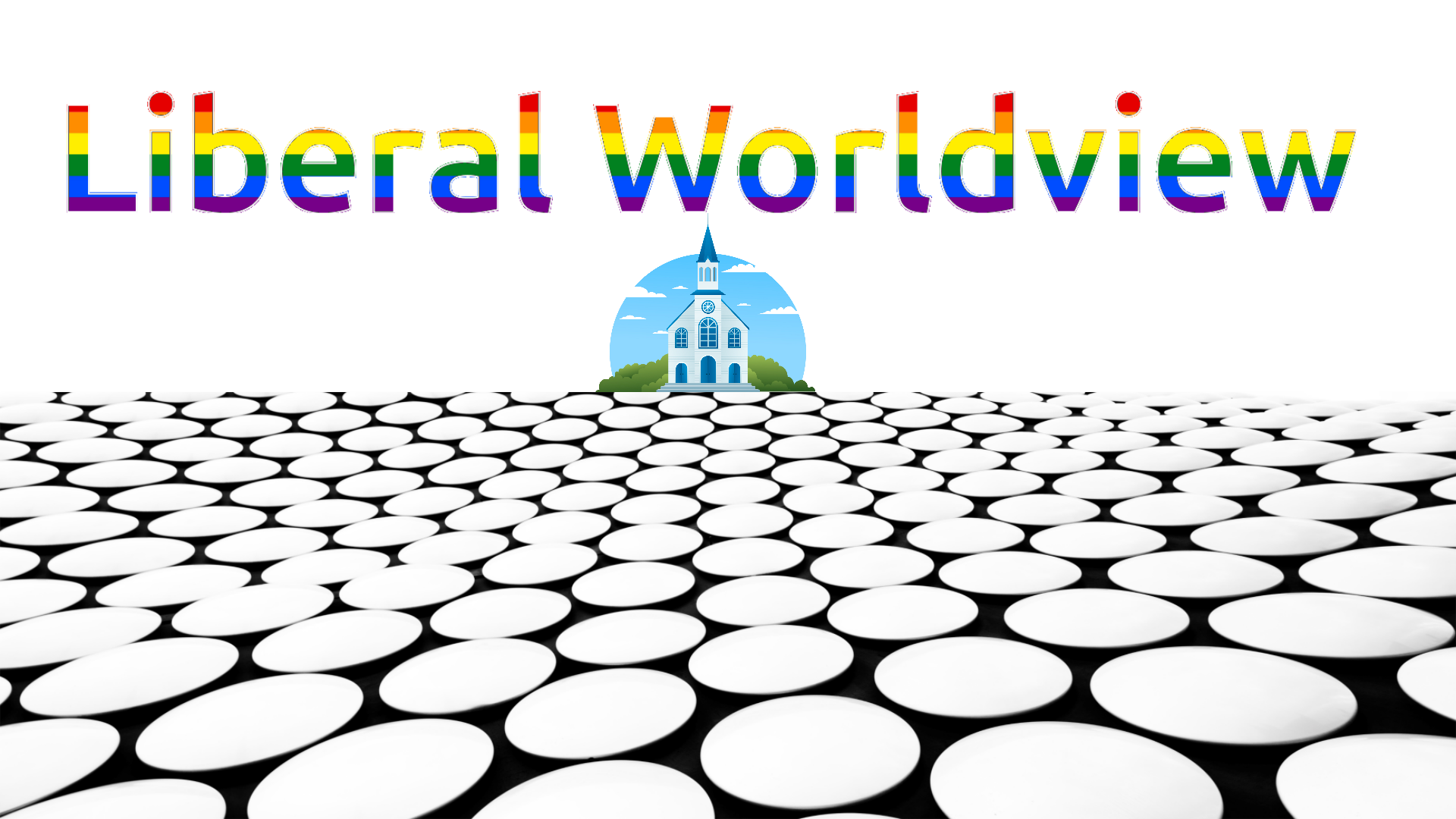 A textured field with a small church in the distance with the words Liberal Church above it written in the colors of the gay pride flag.