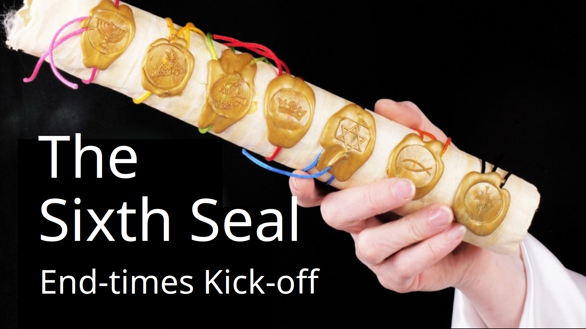 An illustration of a rolled up scroll with its edge sealed with seven seals.