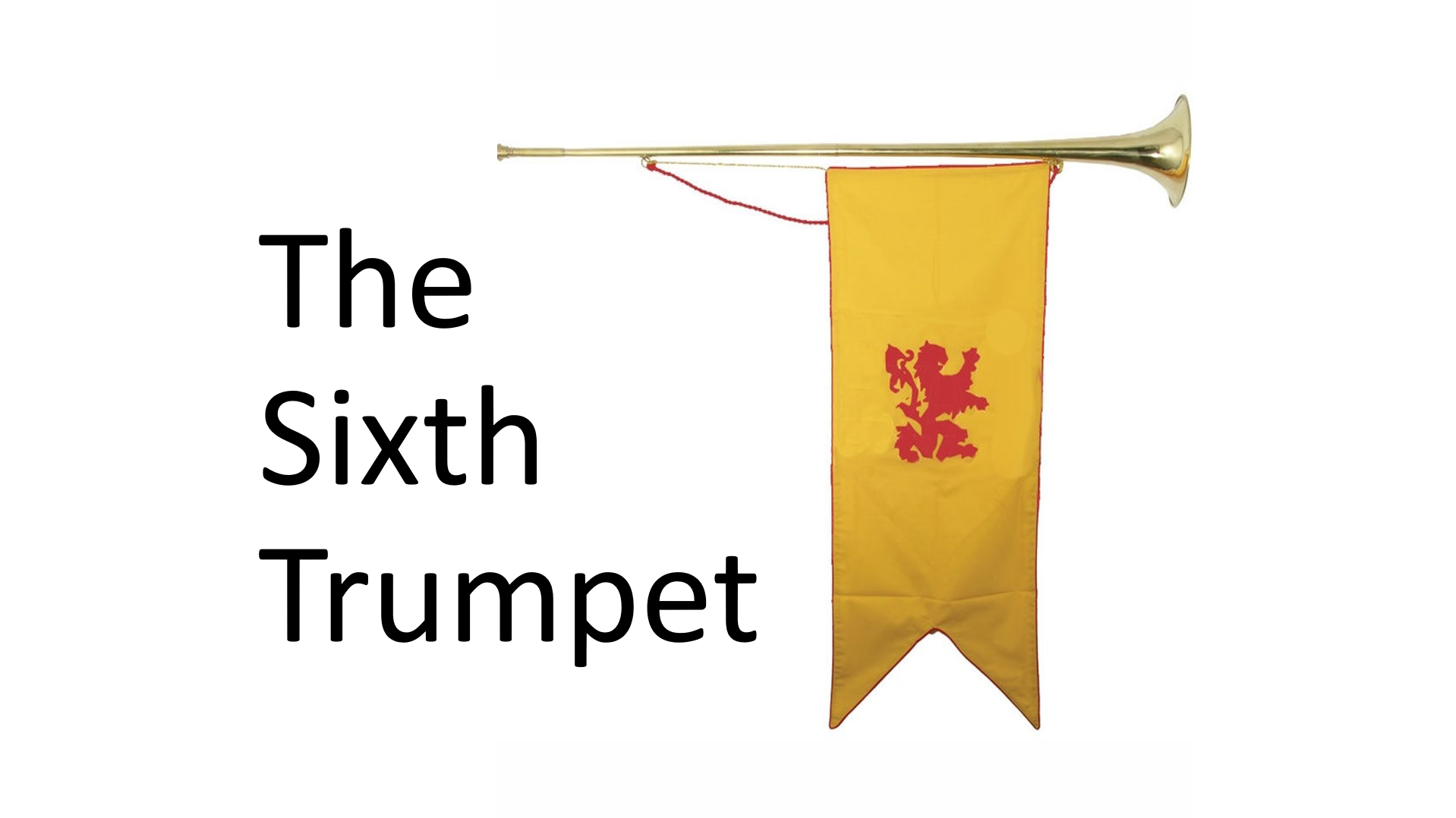A picture of a Medieval style trumpet with a flag hanging below it