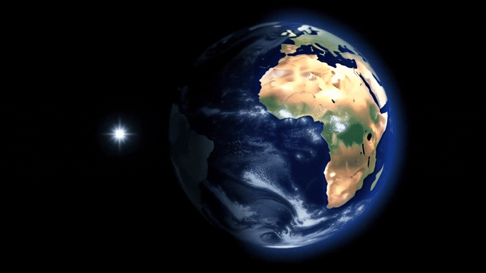 A video of the earth rotating on its axis beside a star