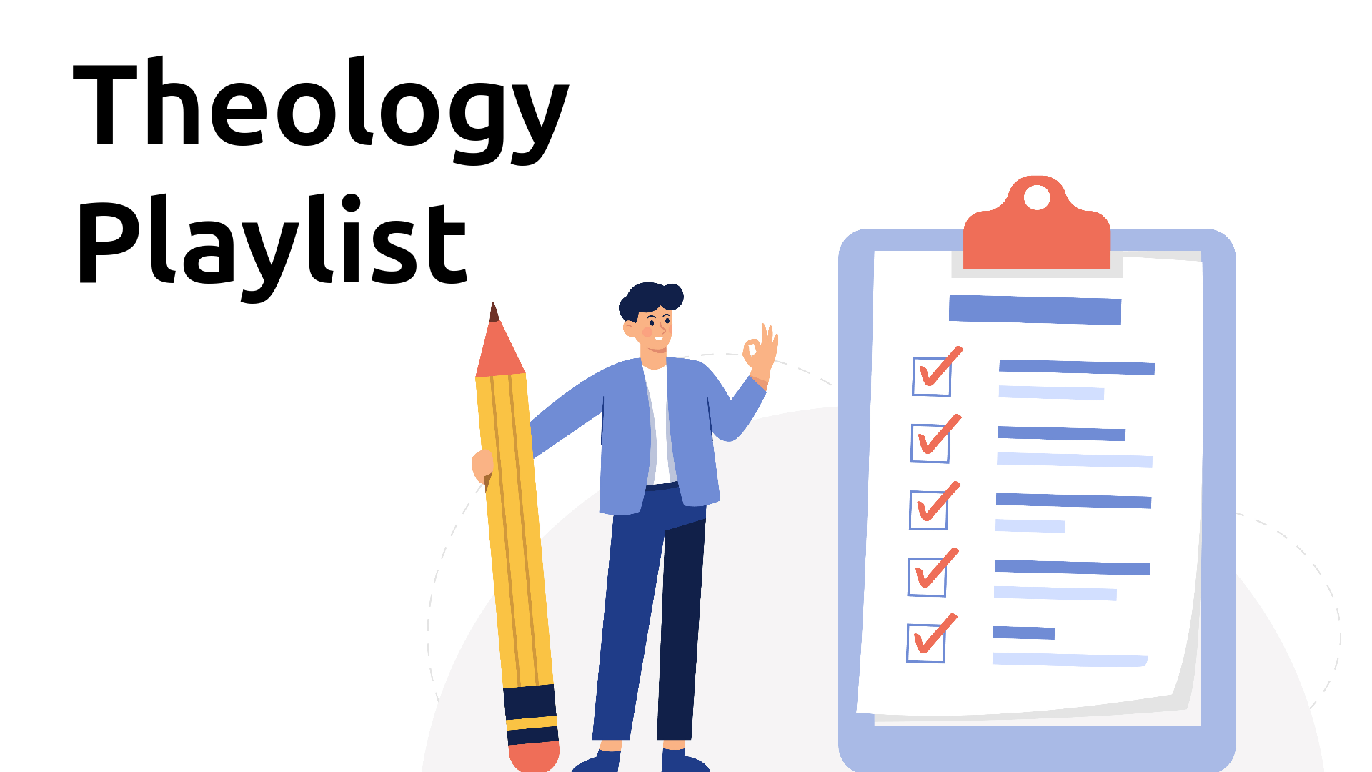 An illustration of a tall list with a man standing beside it holding a tall pencil.