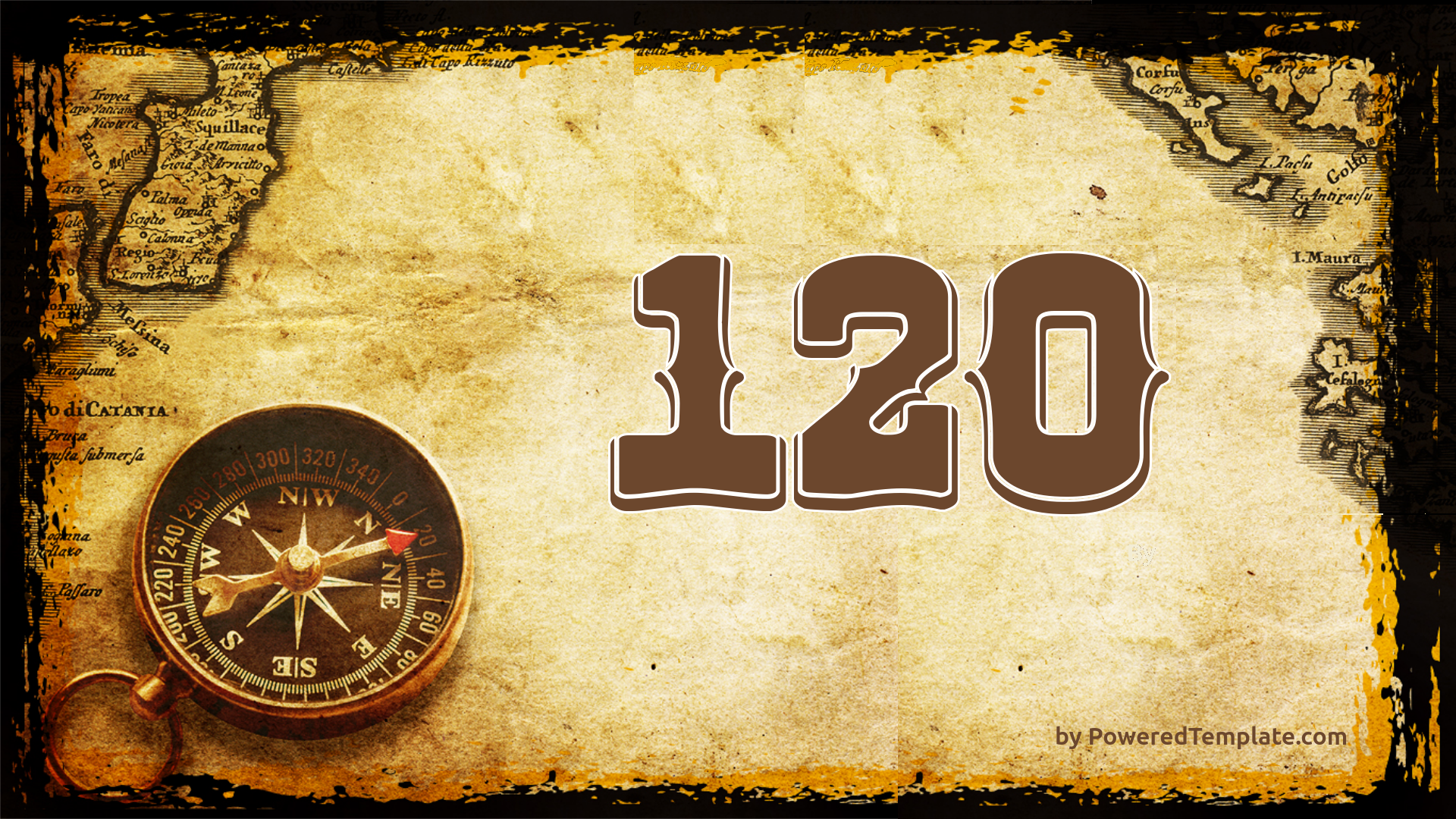 An illustration of an Old West style map of the ocean surrounded by land. The title 120 is on it in large Old West letters.