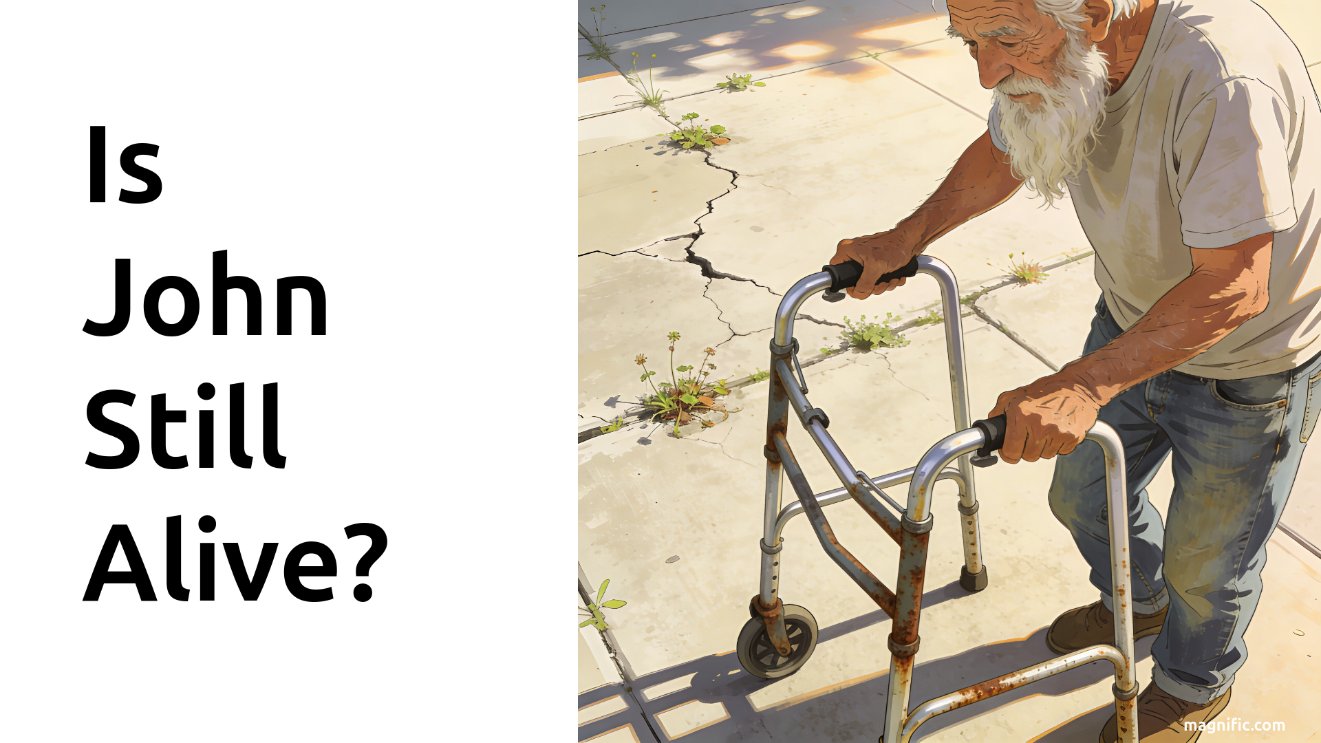 An illustration of an old man with a long beard using a walker to move along a sidewalk.