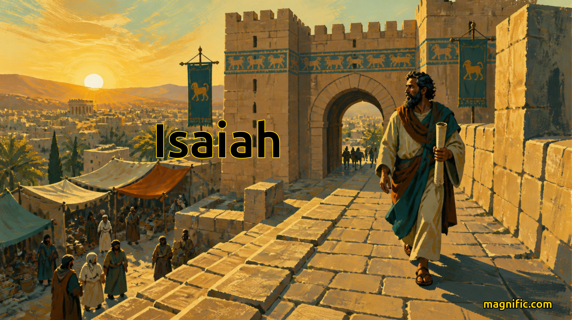 An illustration of Isaiah walking along the castle to deliver another prophecy.