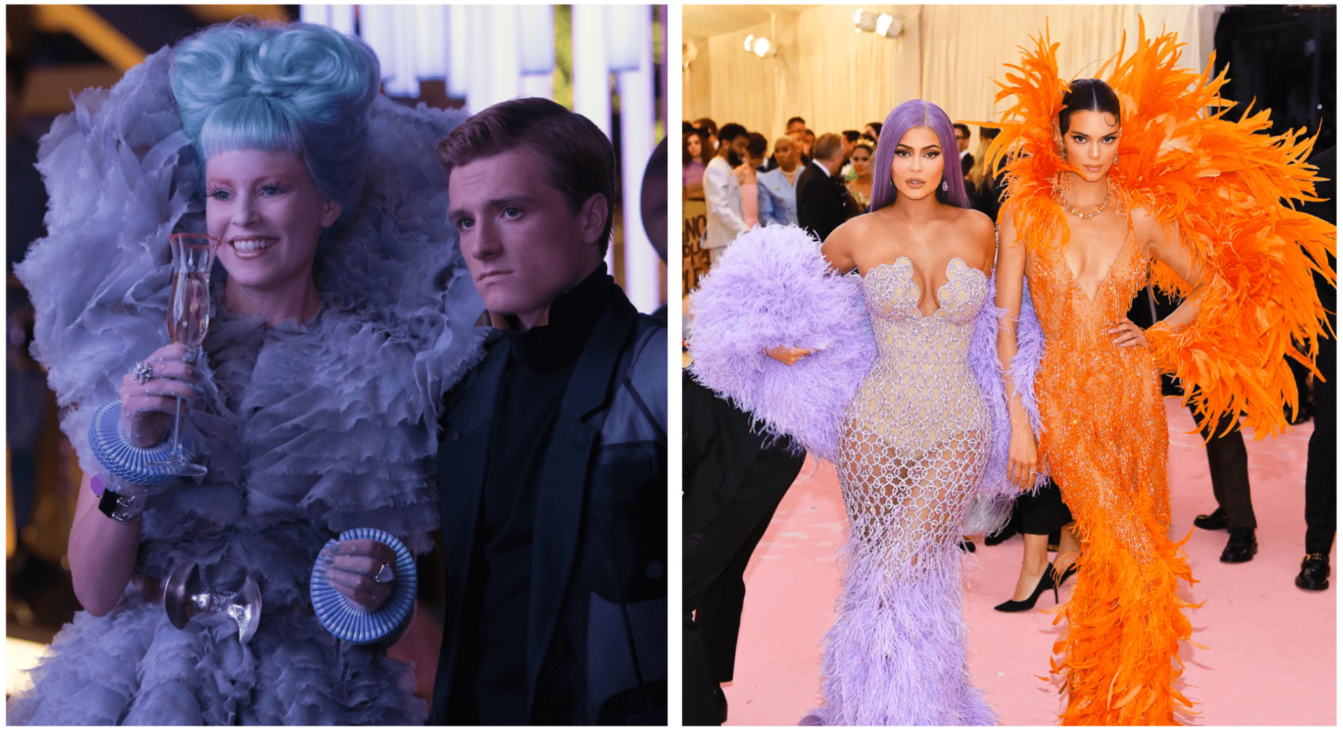 A picture of the exotic clothing worn in Hunger Games and beside it a picture of exotic clothing worn in our time.